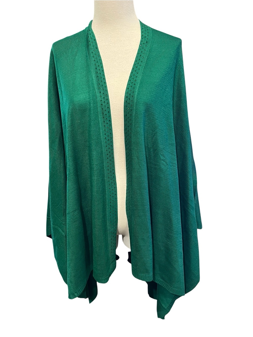 LDT Emerald Green Open Front Cardigan Shawl | Rhinestone Trim Draped Layering